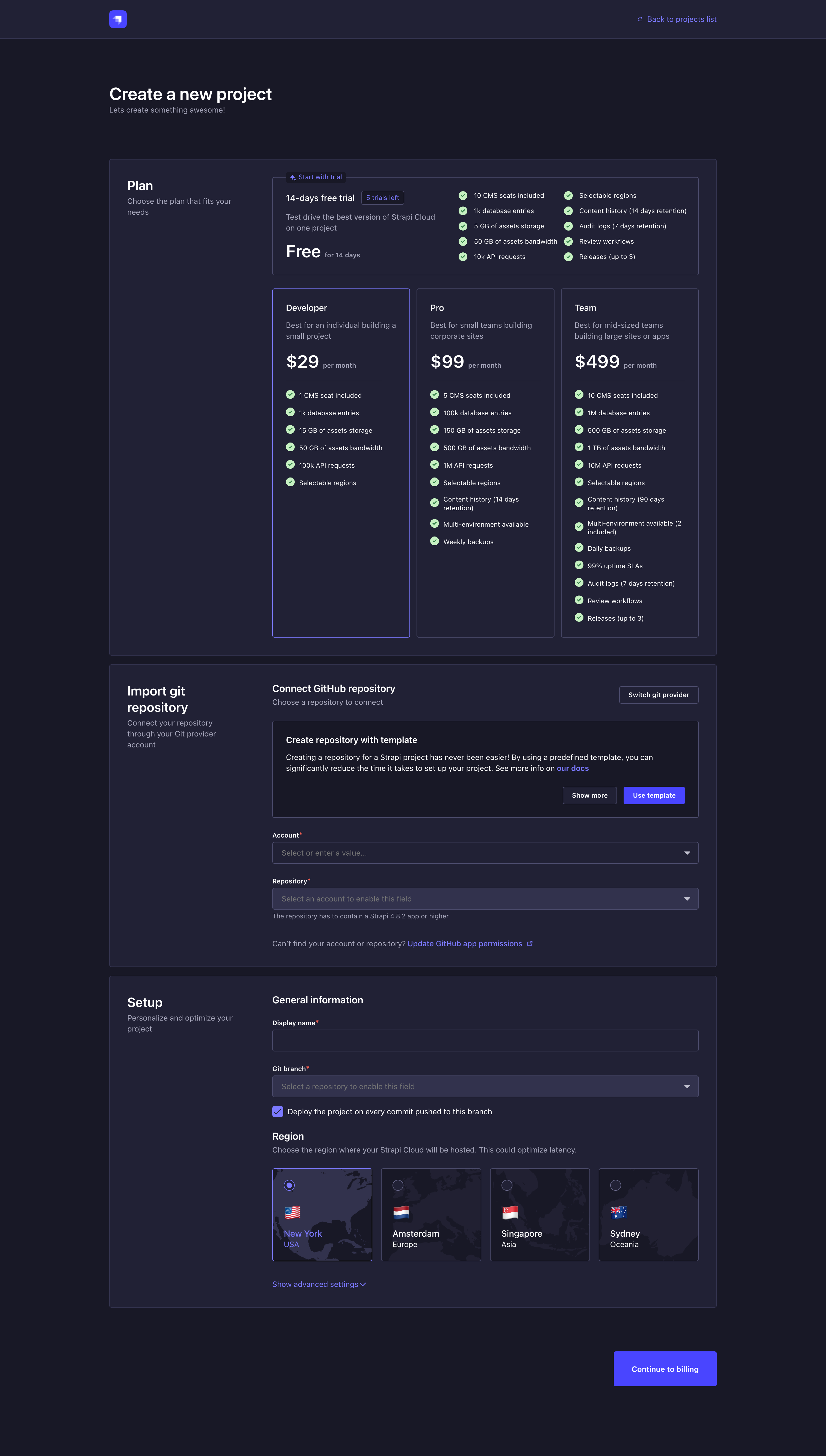 Strapi Cloud project creation, step 1