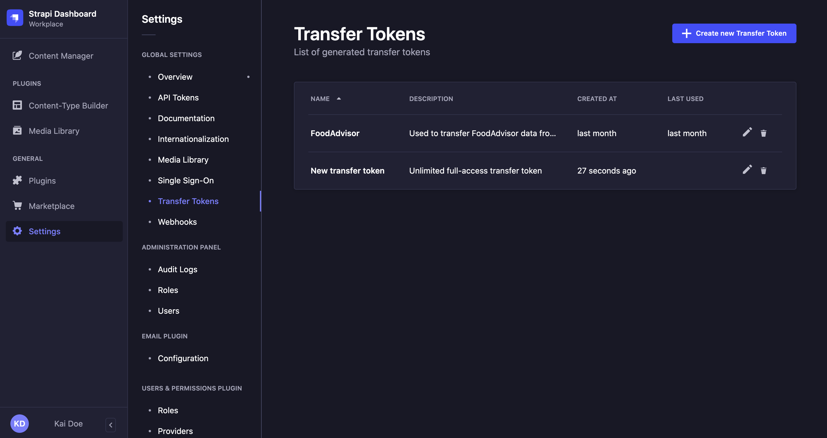 Transfer tokens