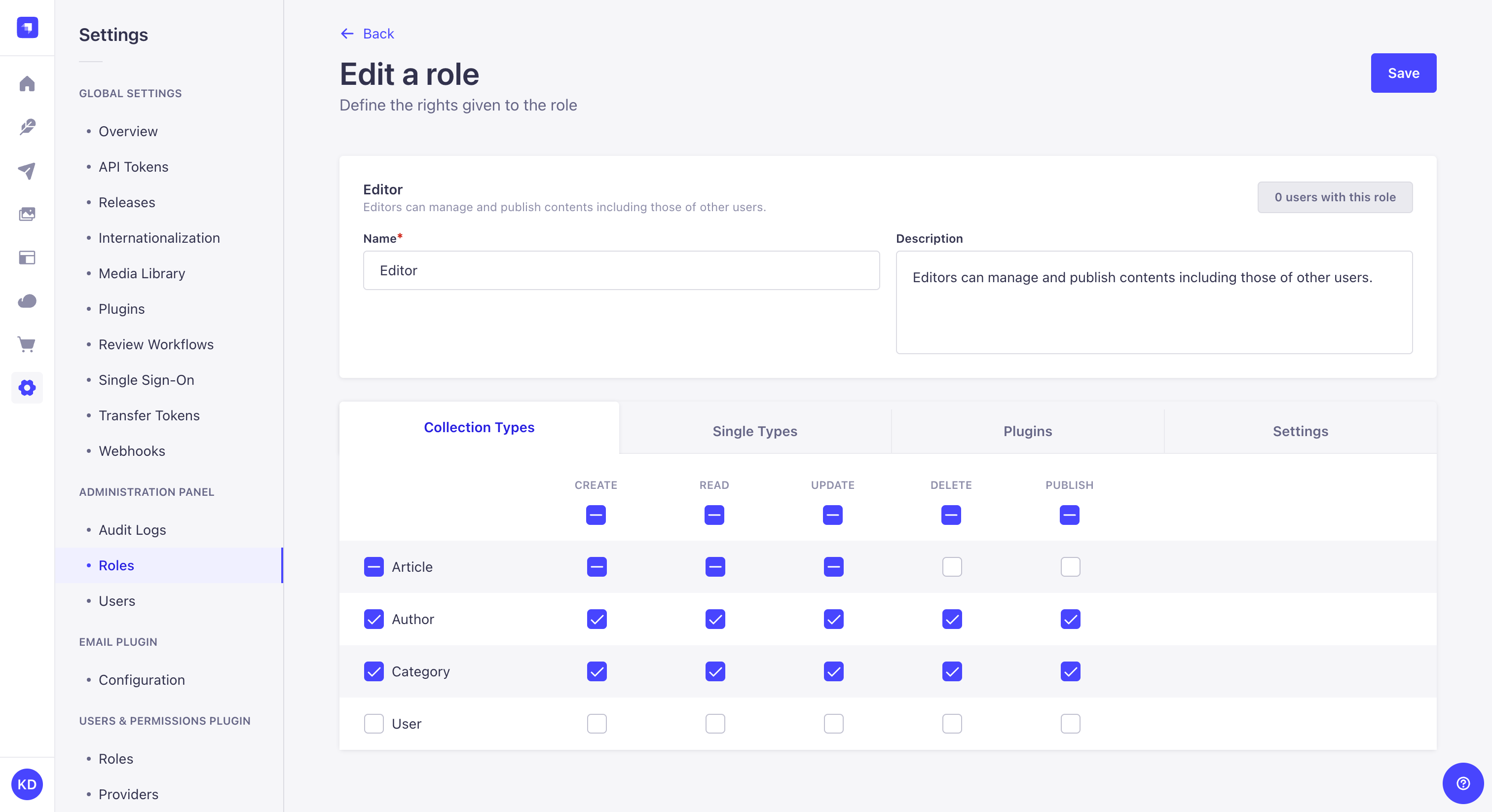 Administrator roles edition interface